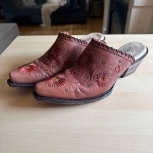 Dan‎ Post Floral Embroidered Leather Mules - Brown cowboy boot style Western